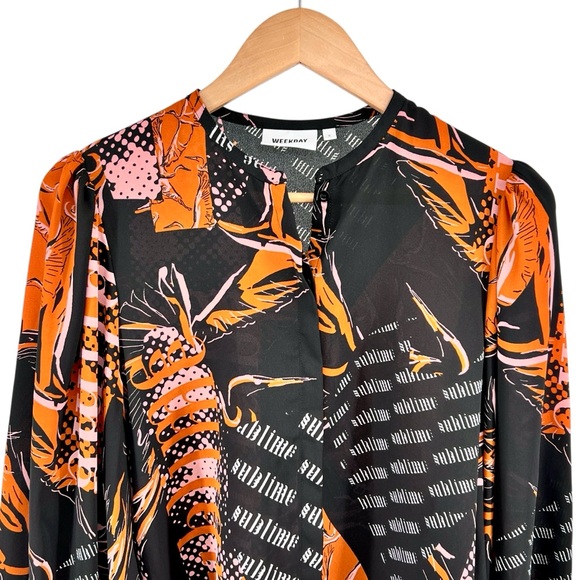 Weekday Sublime Bowe Blouse Small Abstract Print Billowing Sleeve Flowy Colorful - Picture 4 of 16